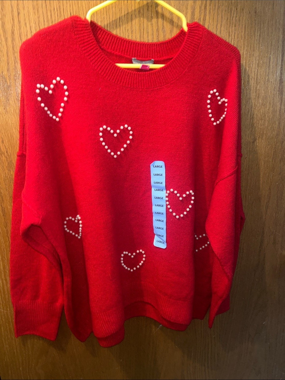 Vince Camuto Red Crewneck Sweater with Pearl Heart Accents